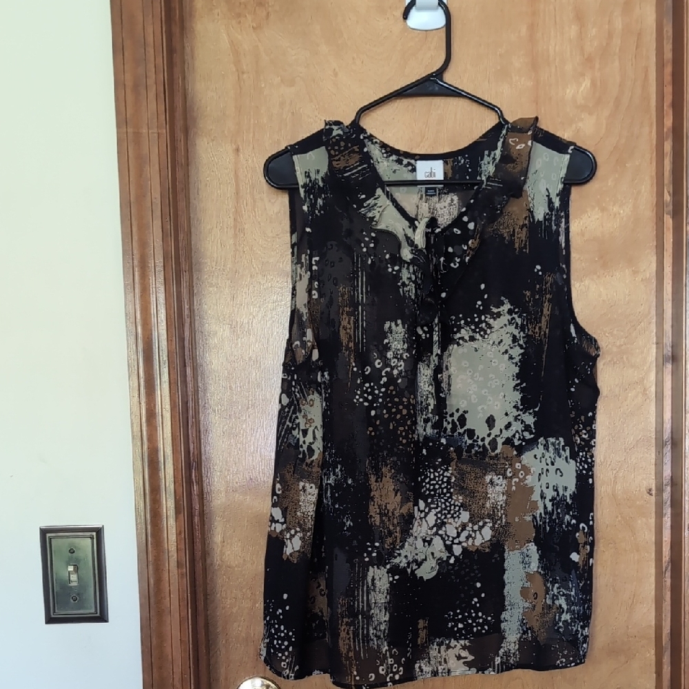 CAbi Black and Tan Abstract Sleeveless Blouse